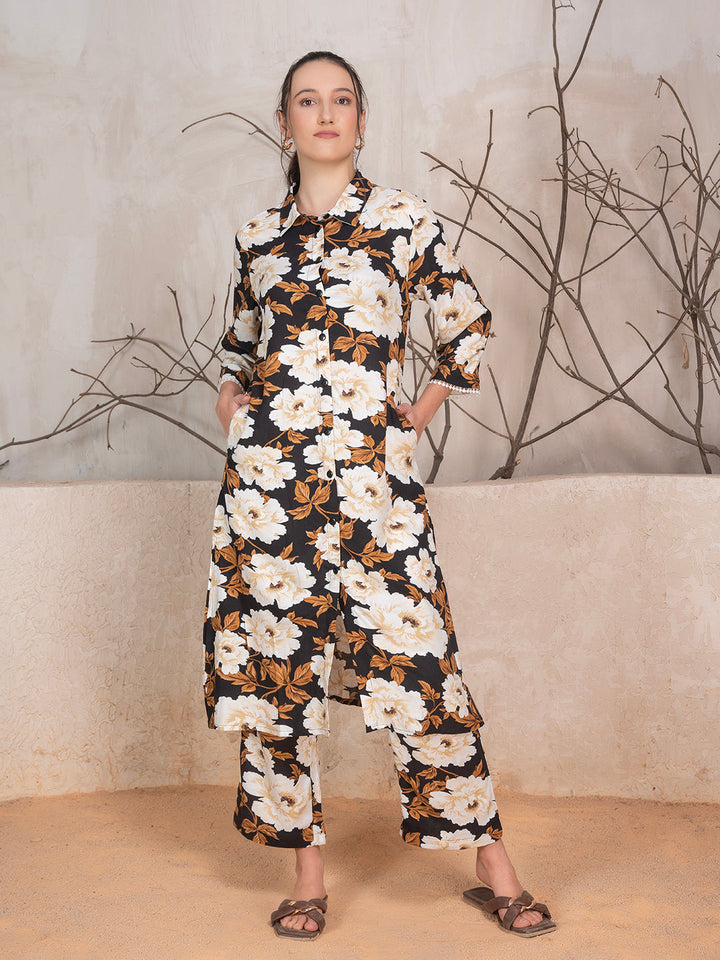 Brown Viscose Rayon Floral Print Kurta & Trouser 2-Piece Kurta Set