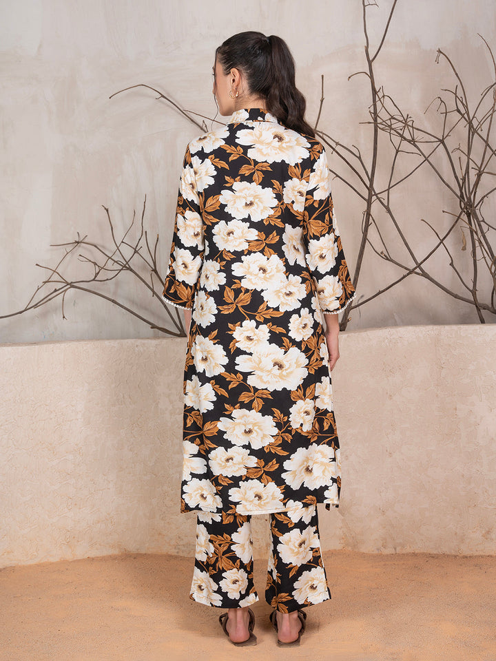 Brown Viscose Rayon Floral Print Kurta & Trouser 2-Piece Kurta Set
