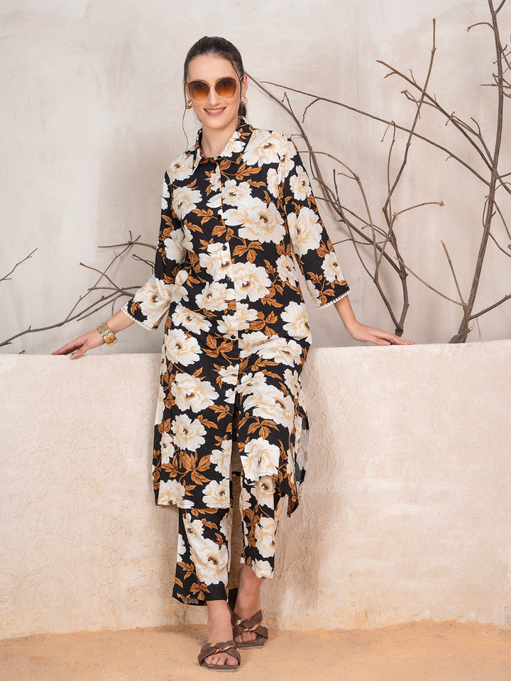 Brown Viscose Rayon Floral Print Kurta & Trouser 2-Piece Kurta Set