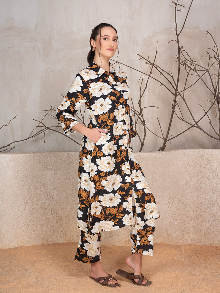 Brown Viscose Rayon Floral Print Kurta & Trouser 2-Piece Kurta Set