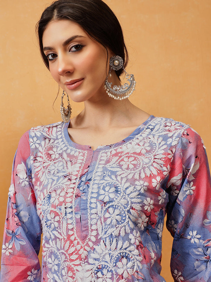 Carrot-Pink-Cotton-Lucknowi-Chikankari-Printed-Kurta-Set