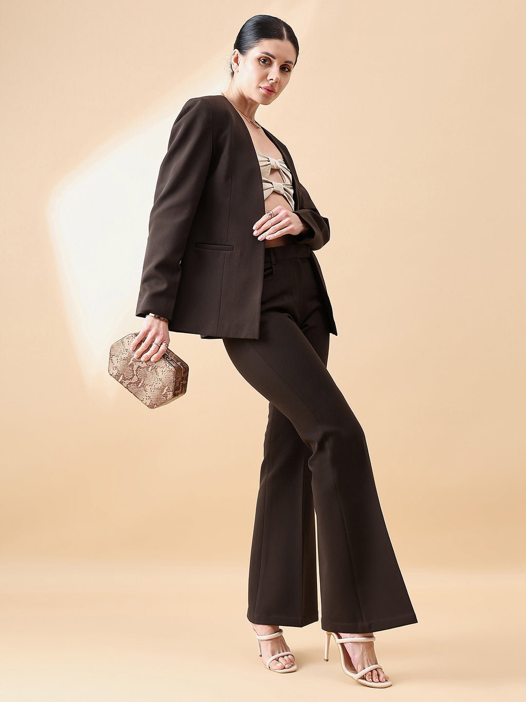Chocolate-Brown-Polyester-Lapel-less-Stretch-Pant-Suit