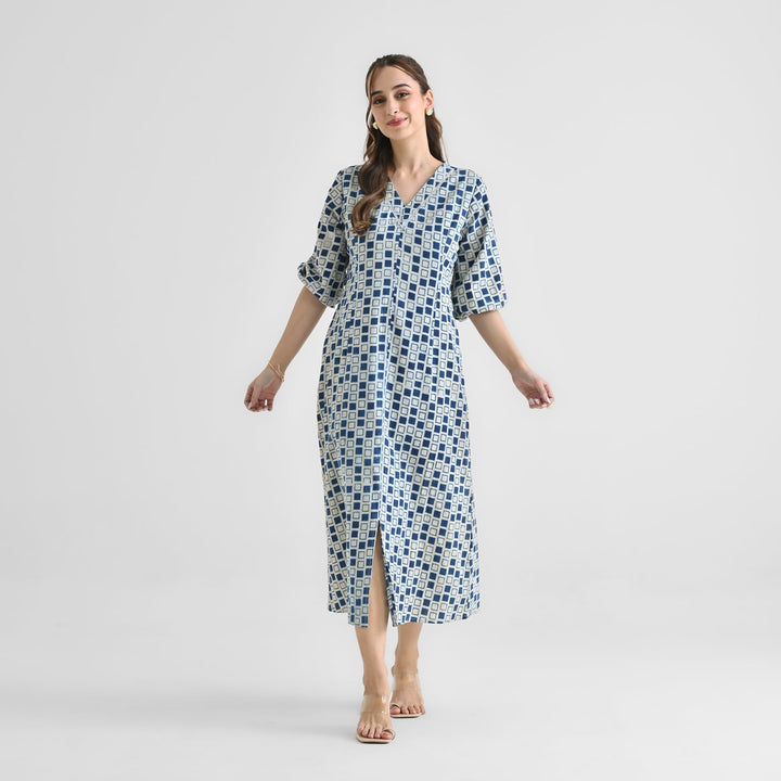 Indigo Cotton Contemporary Akola Dabu Printed Dress