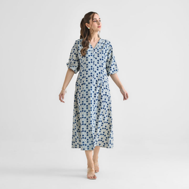 Indigo Cotton Contemporary Akola Dabu Printed Dress