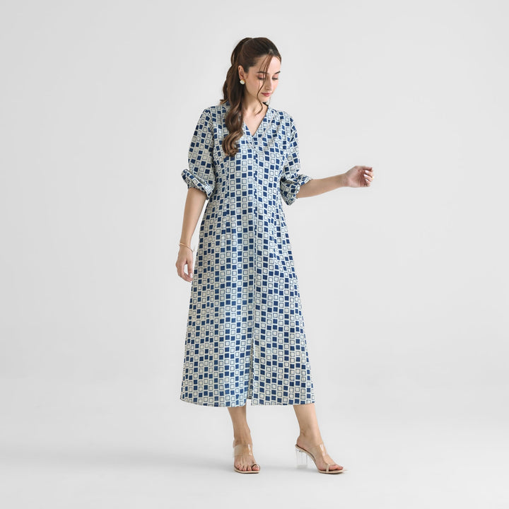 Indigo Cotton Contemporary Akola Dabu Printed Dress