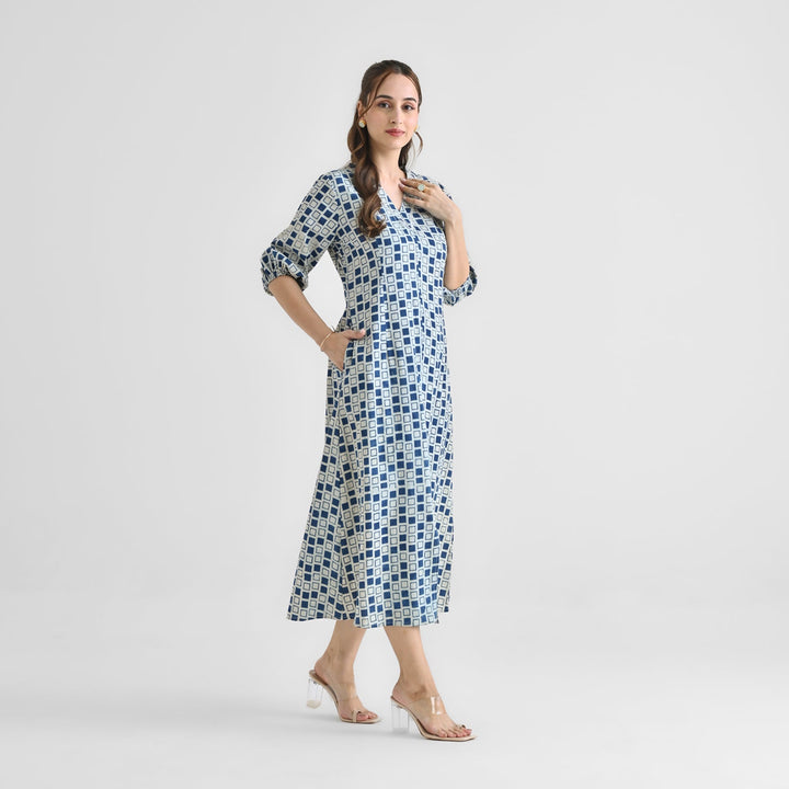 Indigo Cotton Contemporary Akola Dabu Printed Dress