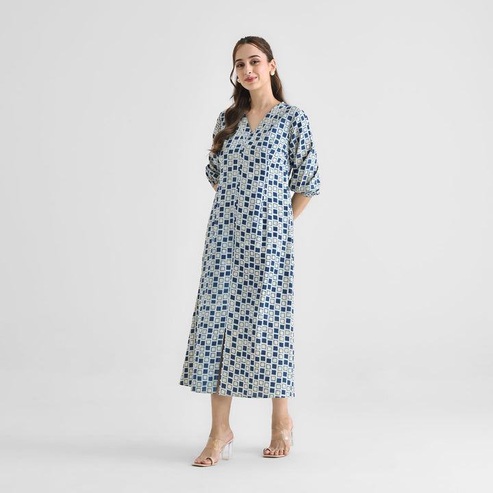 Indigo Cotton Contemporary Akola Dabu Printed Dress