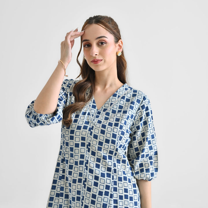 Indigo Cotton Contemporary Akola Dabu Printed Dress
