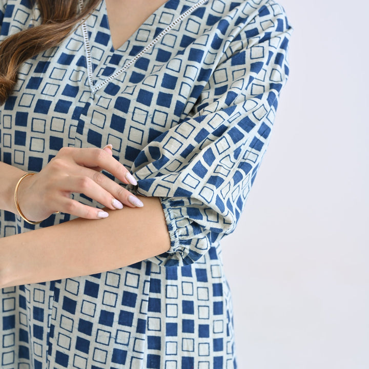 Indigo Cotton Contemporary Akola Dabu Printed Dress