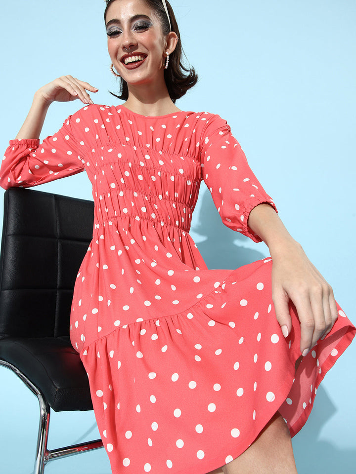 Coral-Polyester-Moss-Ruched-Polka-Dress