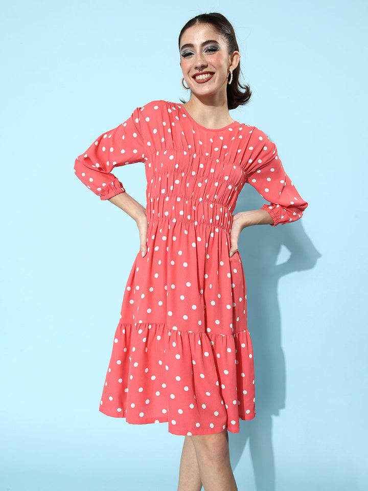 Coral-Polyester-Moss-Ruched-Polka-Dress