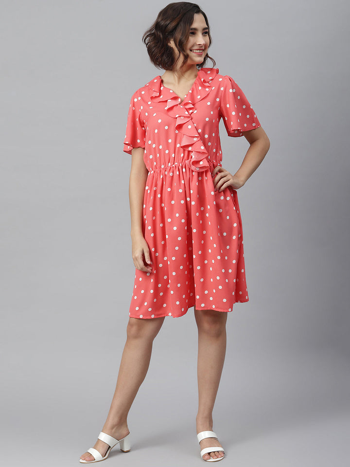 Coral-Polyester-Polka-Dress-With-Ruffle