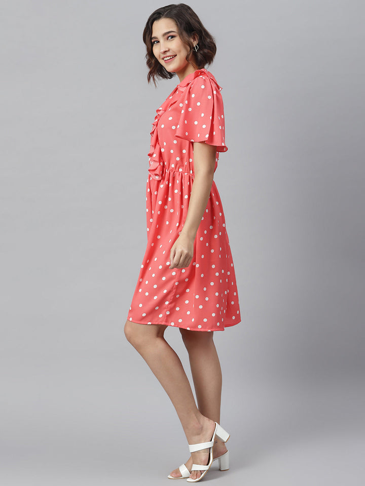 Coral-Polyester-Polka-Dress-With-Ruffle
