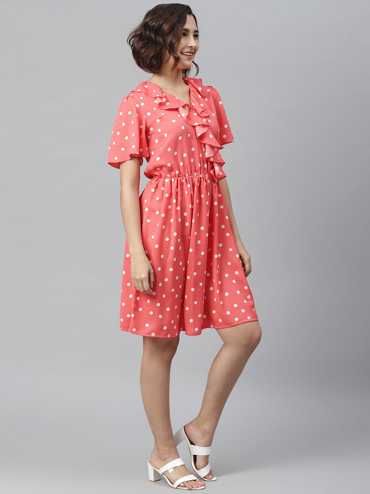 Coral-Polyester-Polka-Dress-With-Ruffle