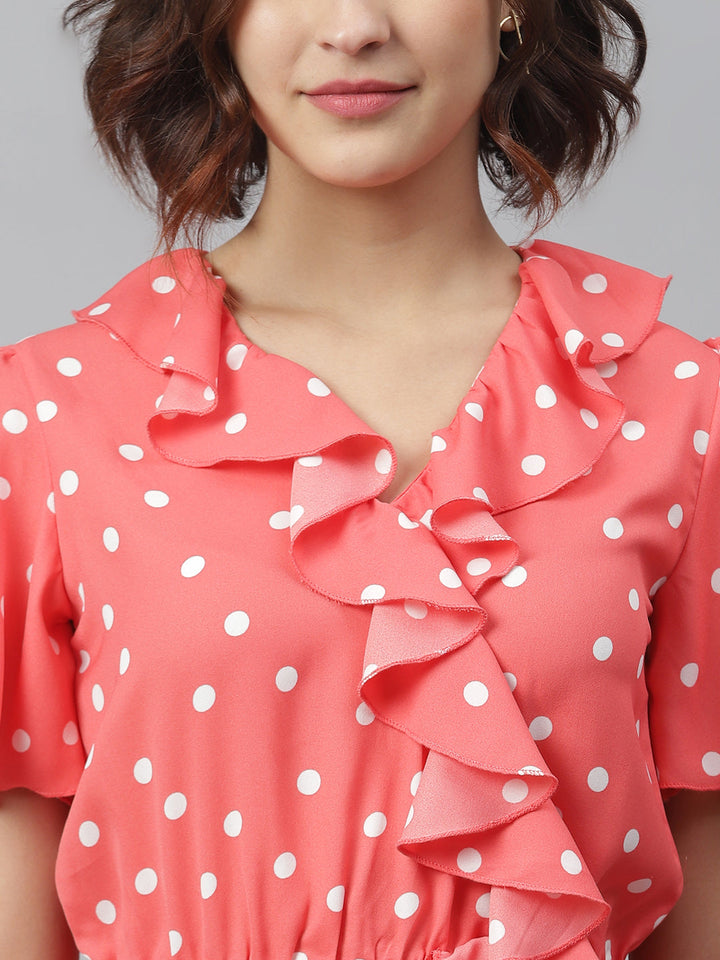 Coral-Polyester-Polka-Dress-With-Ruffle
