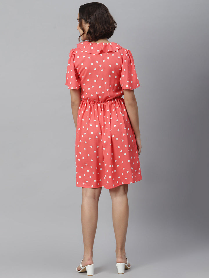 Coral-Polyester-Polka-Dress-With-Ruffle