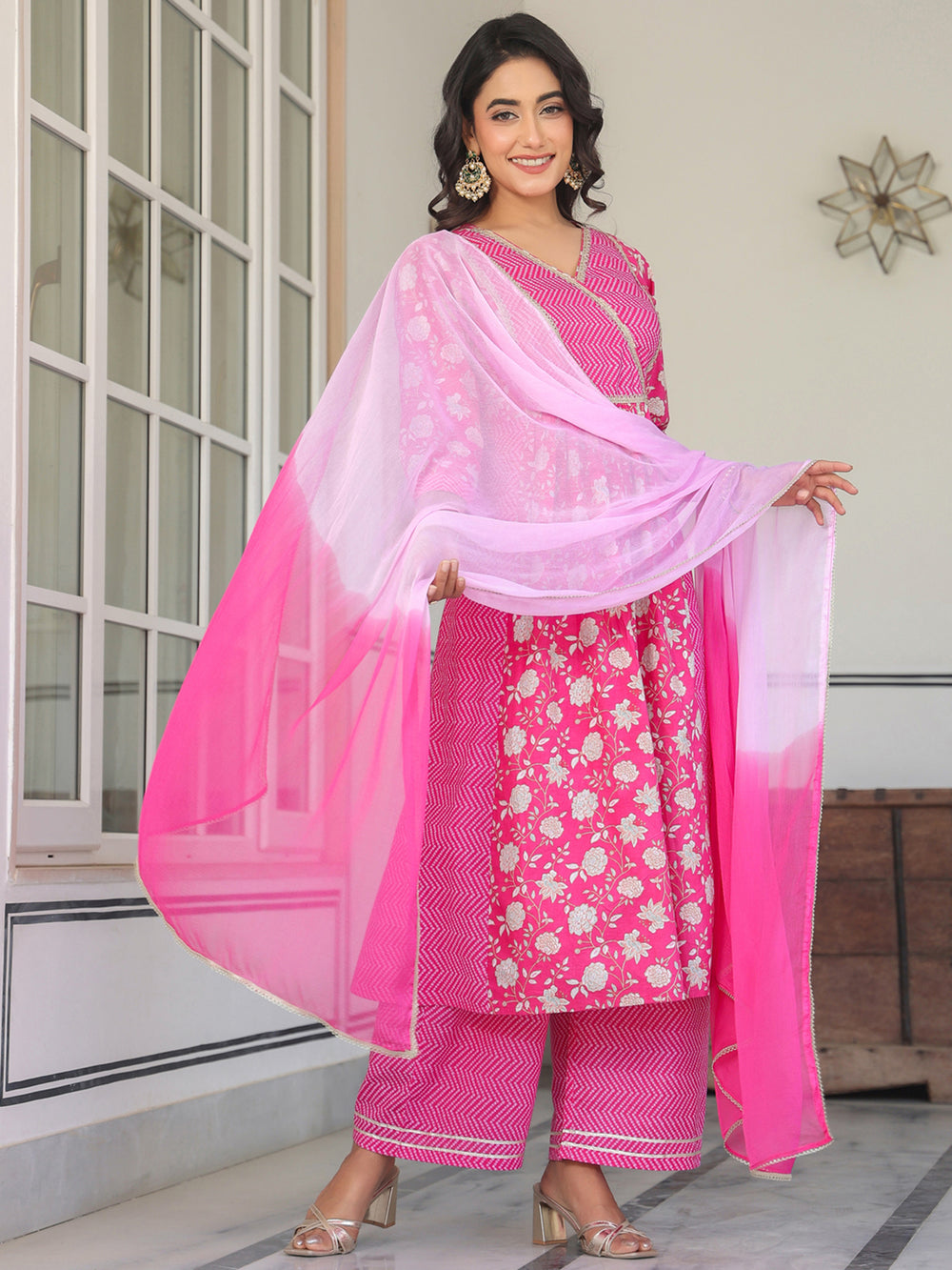 Pink-Cotton-A-Line-Floral-Printed-3-Piece-Kurta-Set