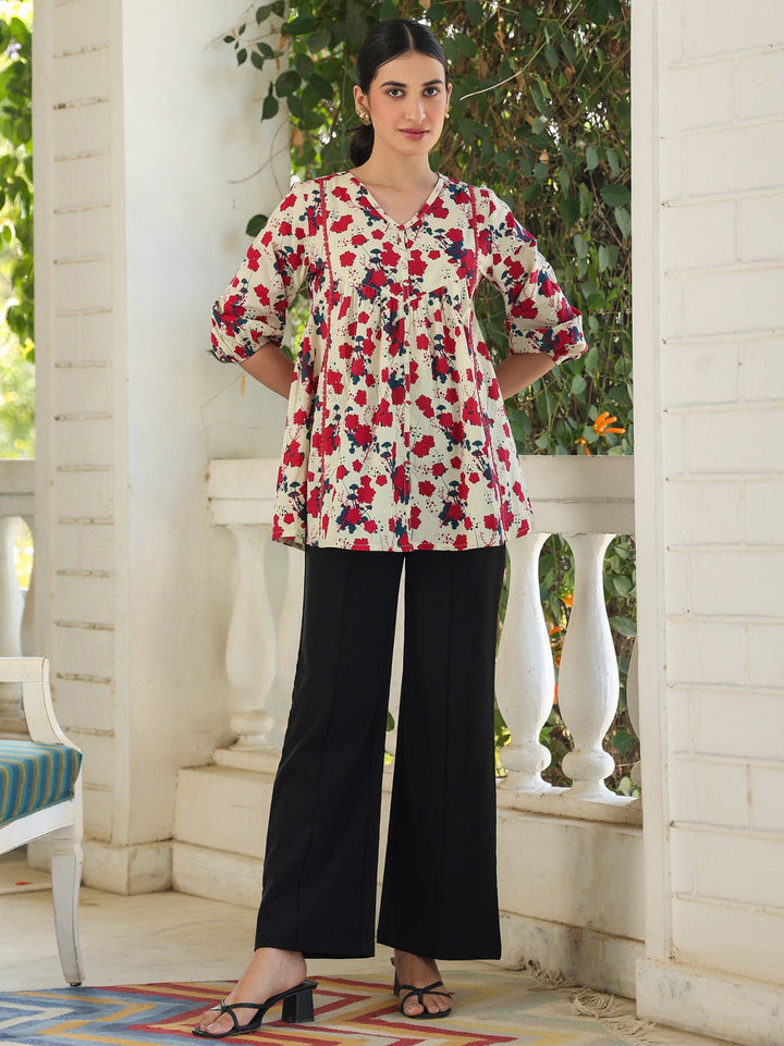 Cream Cotton All-Over Floral A-Line Top Only