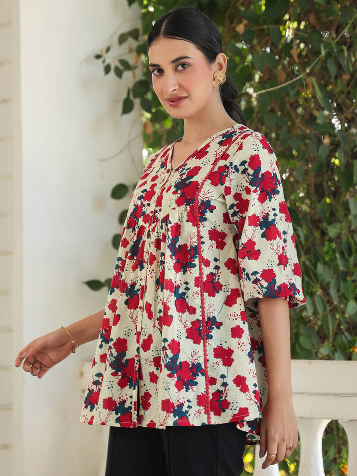 Cream Cotton All-Over Floral A-Line Top Only