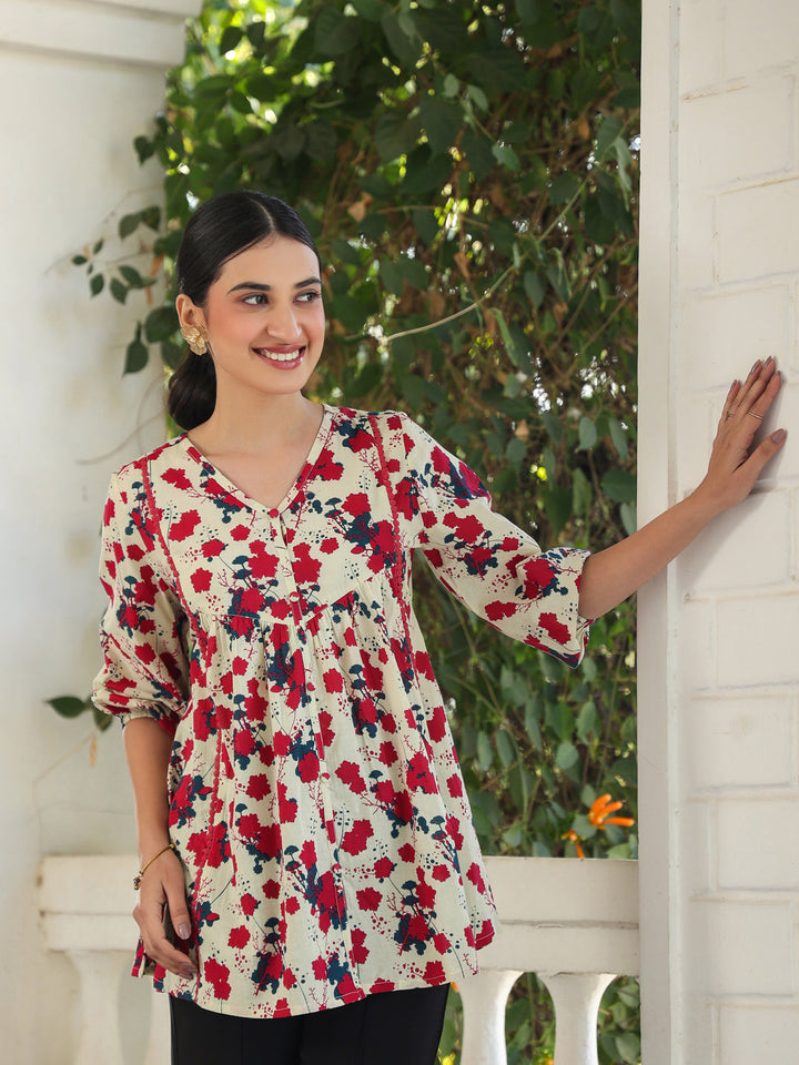 Cream Cotton All-Over Floral A-Line Top Only