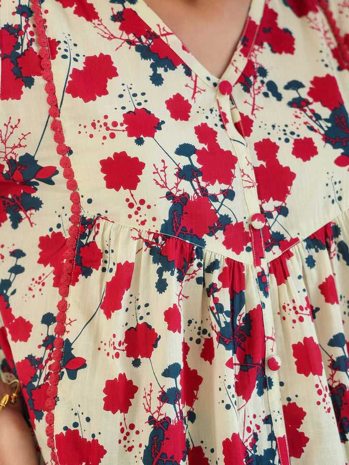 Cream Cotton All-Over Floral A-Line Top Only