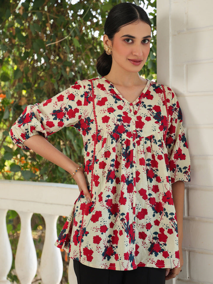 Cream Cotton All-Over Floral A-Line Top Only