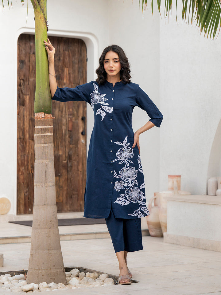 Navy-Blue-Pure-Cotton-Floral-Printed-A-Line-2-Piece-Kurta-Set