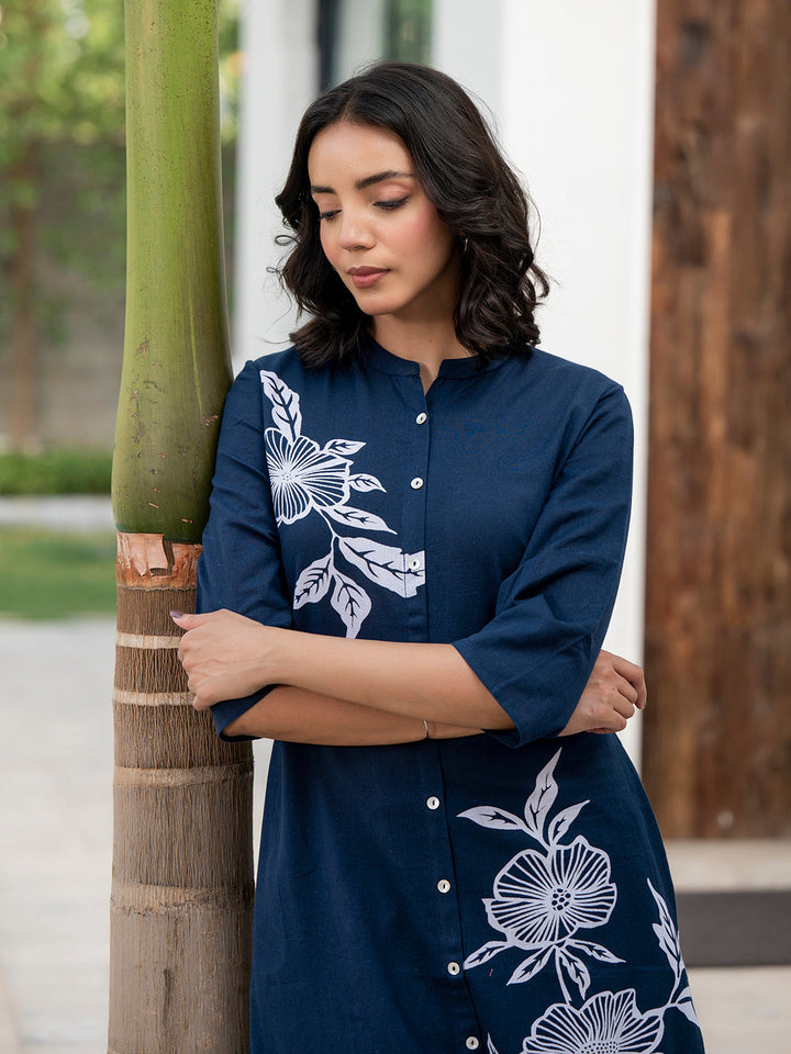 Navy-Blue-Pure-Cotton-Floral-Printed-A-Line-2-Piece-Kurta-Set