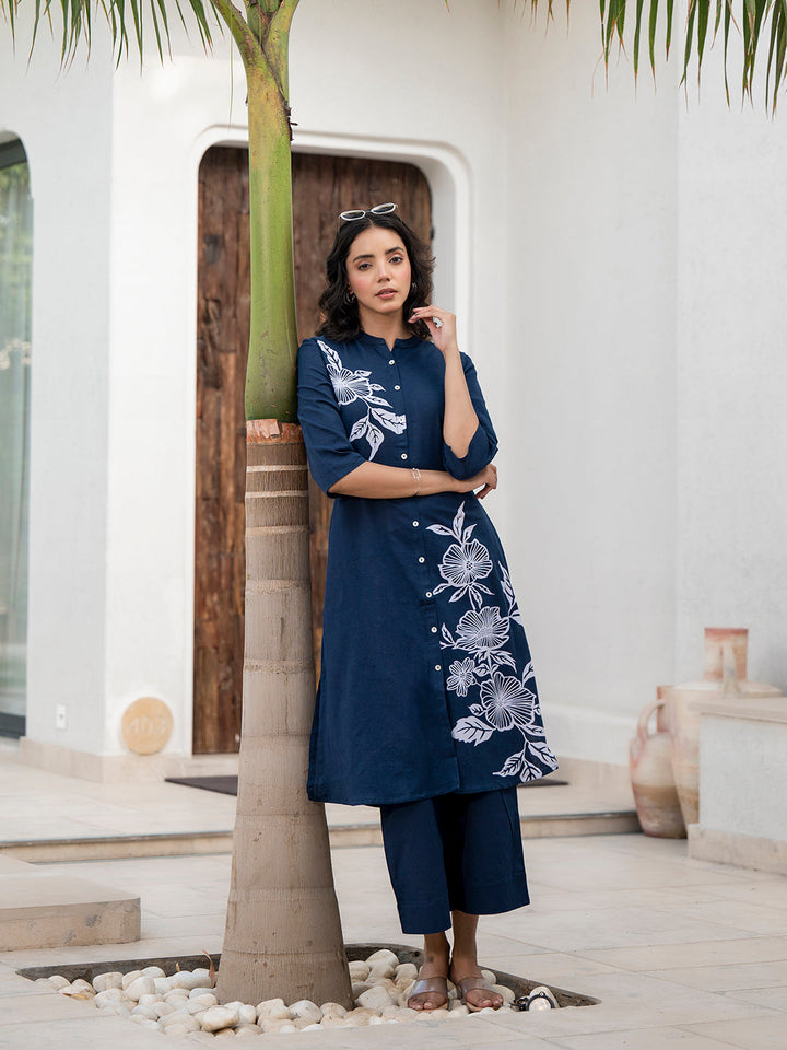 Navy-Blue-Pure-Cotton-Floral-Printed-A-Line-2-Piece-Kurta-Set