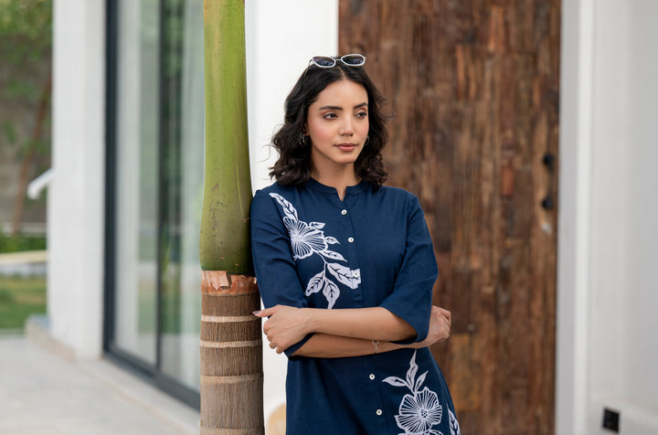 Navy-Blue-Pure-Cotton-Floral-Printed-A-Line-2-Piece-Kurta-Set