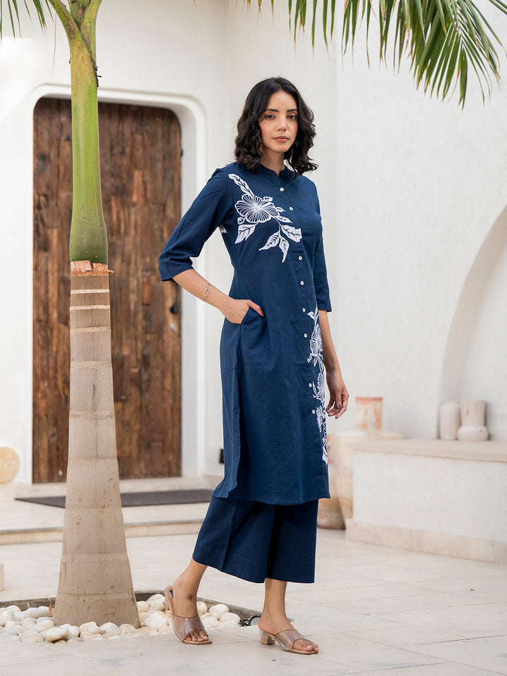 Navy-Blue-Pure-Cotton-Floral-Printed-A-Line-2-Piece-Kurta-Set
