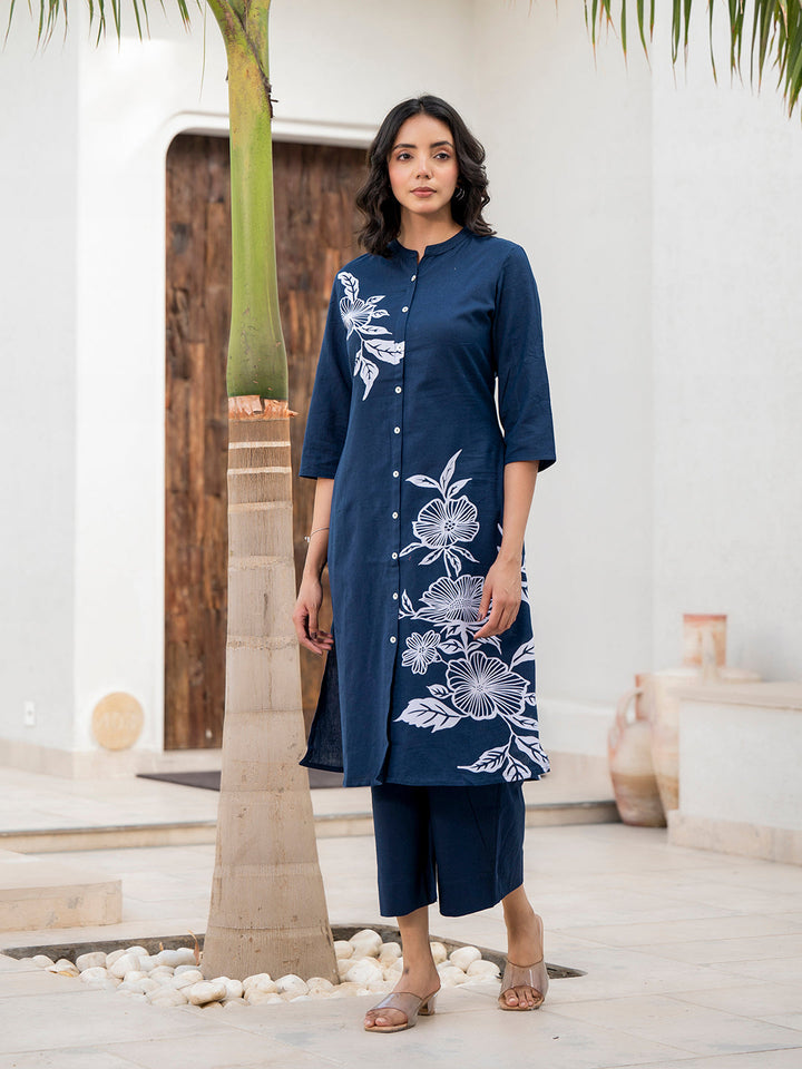 Navy-Blue-Pure-Cotton-Floral-Printed-A-Line-2-Piece-Kurta-Set