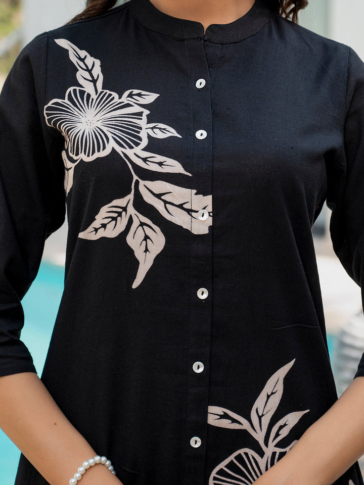 Black-Cotton-Floral-Printed-A-Line-2-Piece-Kurta-Set