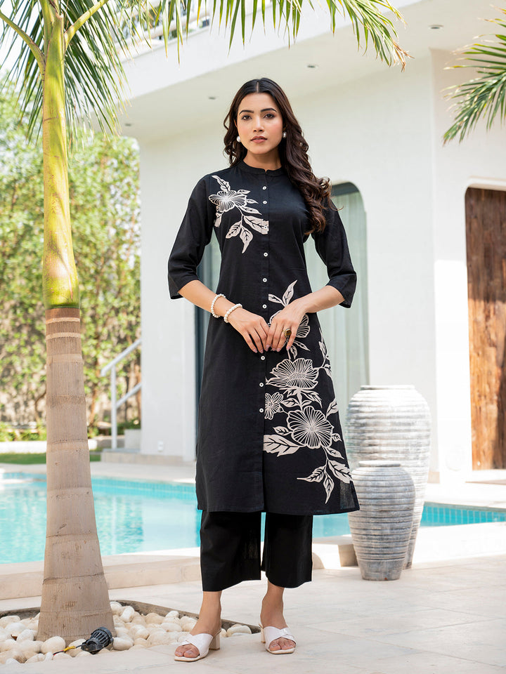 Black-Cotton-Floral-Printed-A-Line-2-Piece-Kurta-Set