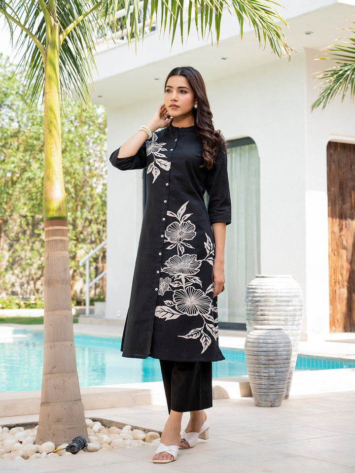 Black-Cotton-Floral-Printed-A-Line-2-Piece-Kurta-Set