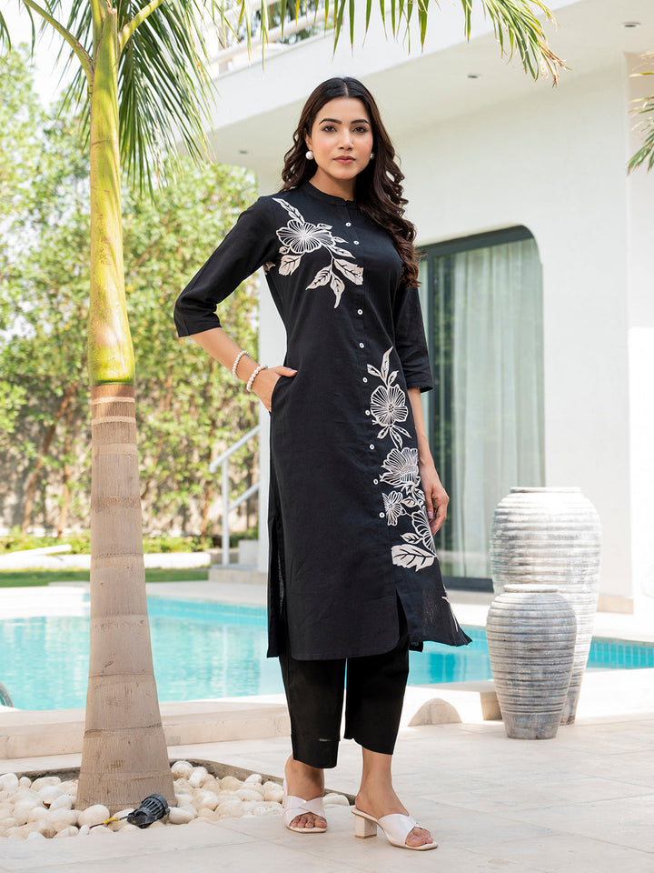 Black-Cotton-Floral-Printed-A-Line-2-Piece-Kurta-Set