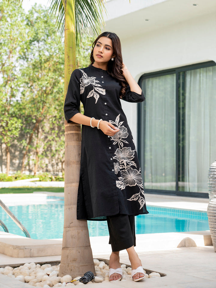 Black-Cotton-Floral-Printed-A-Line-2-Piece-Kurta-Set