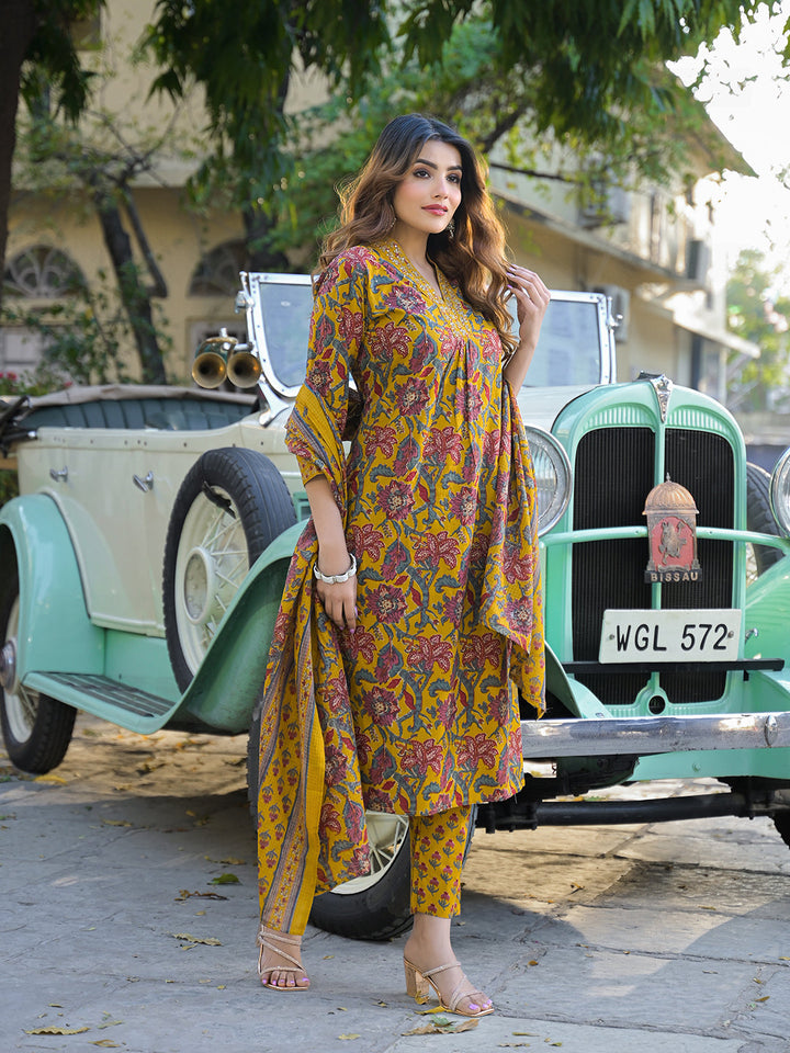 Yellow-Cotton-Floral-A-Line-3-Piece-Kurta-Set