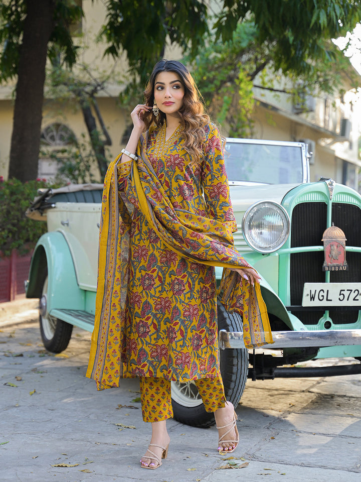 Yellow-Cotton-Floral-A-Line-3-Piece-Kurta-Set