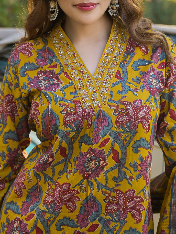 Yellow-Cotton-Floral-A-Line-3-Piece-Kurta-Set