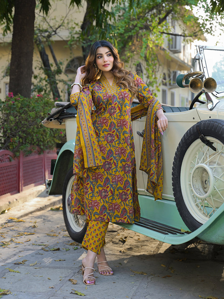 Yellow-Cotton-Floral-A-Line-3-Piece-Kurta-Set