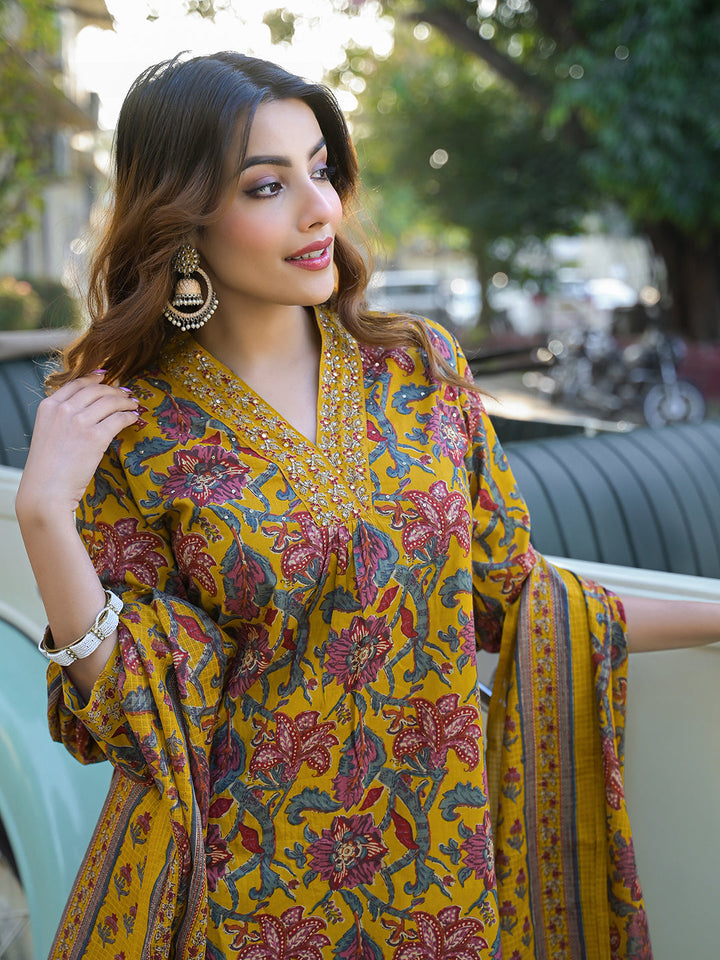 Yellow-Cotton-Floral-A-Line-3-Piece-Kurta-Set