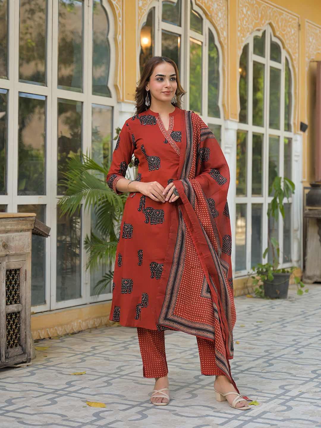 Red-Cotton-Animal-Print-A-Line-3-Piece-Kurta-Set