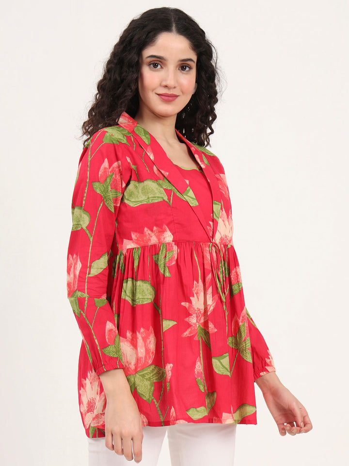 Red-Floral-Printed-Cotton-Lepal-Neck-Peplum-Tunic-ONLY