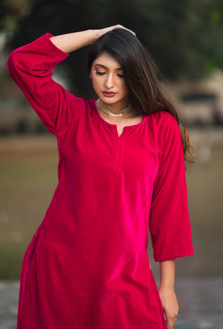 ZERESOUQ-Pink-Velvet-Solid-2-Piece-Kurta-Set