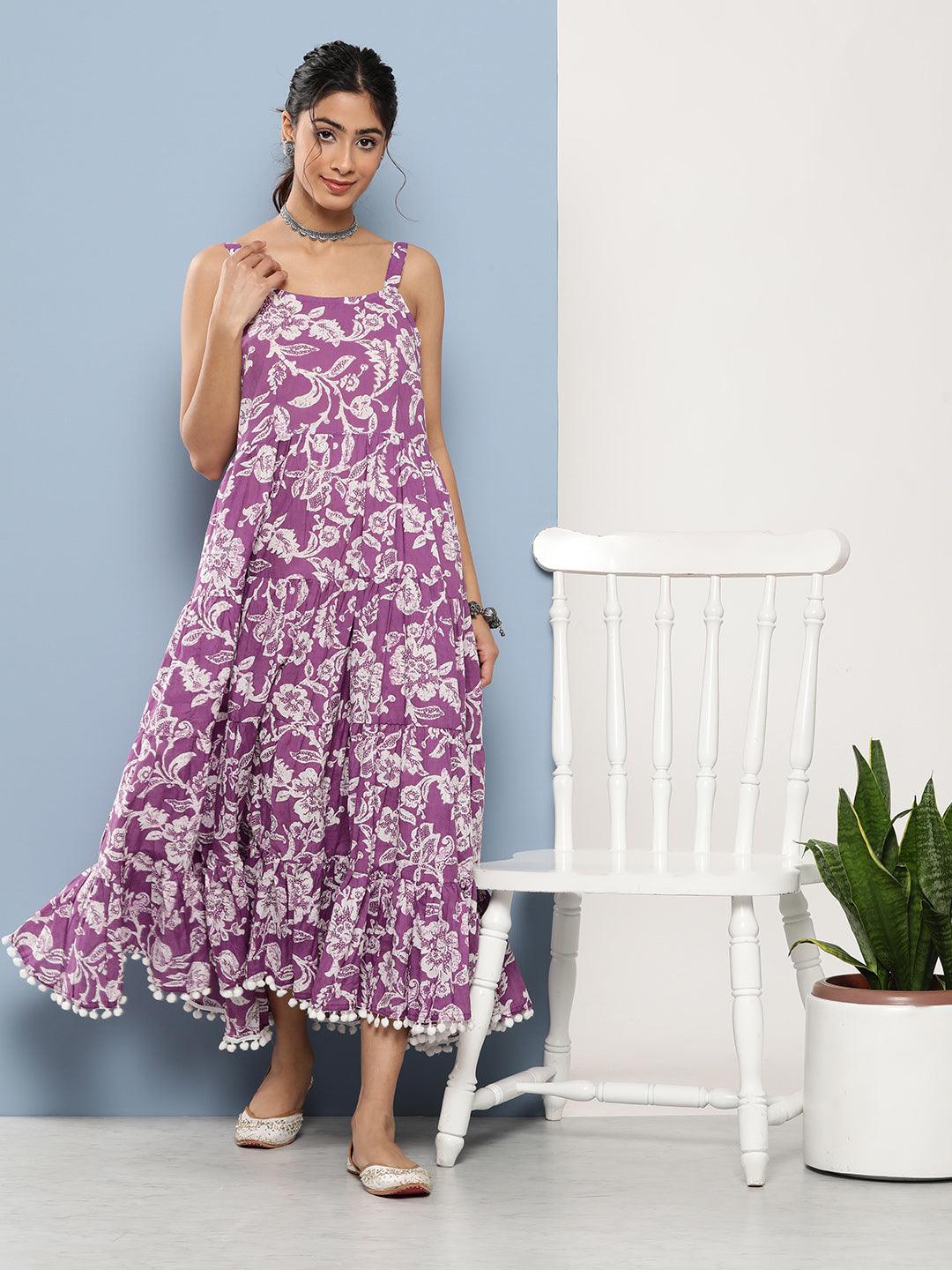 Purple-Pure-Cotton-Floral-Shoulder-Strip-Long-Dress