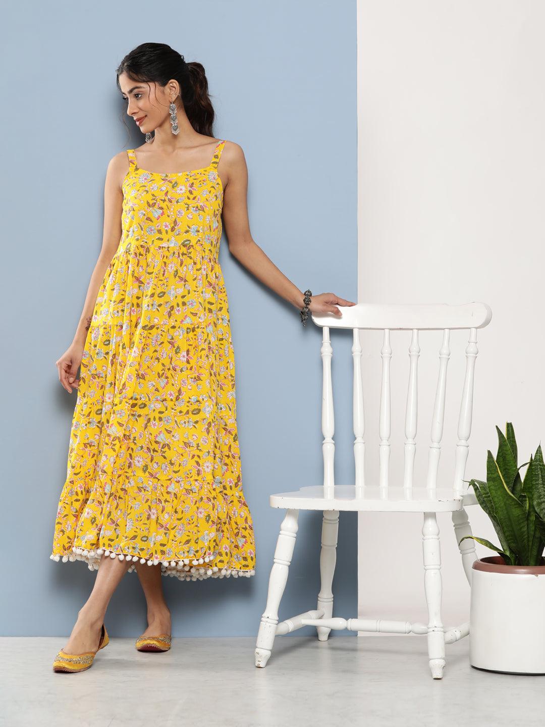 Yellow-Pure-Cotton-Floral-Maxi-Dress