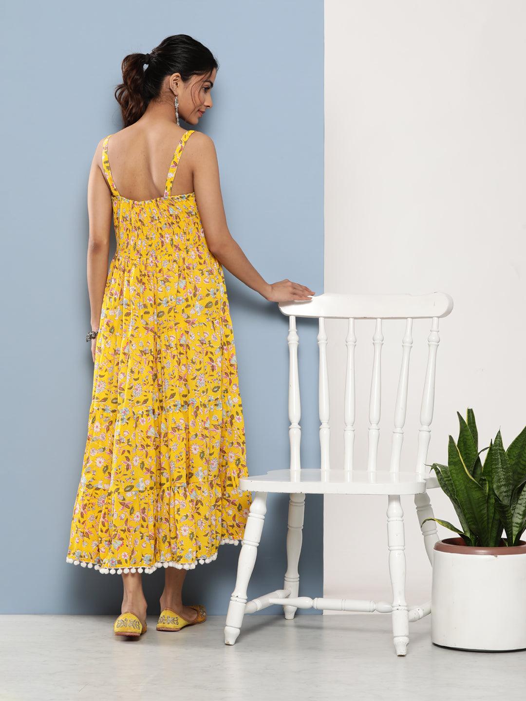 Yellow-Pure-Cotton-Floral-Maxi-Dress