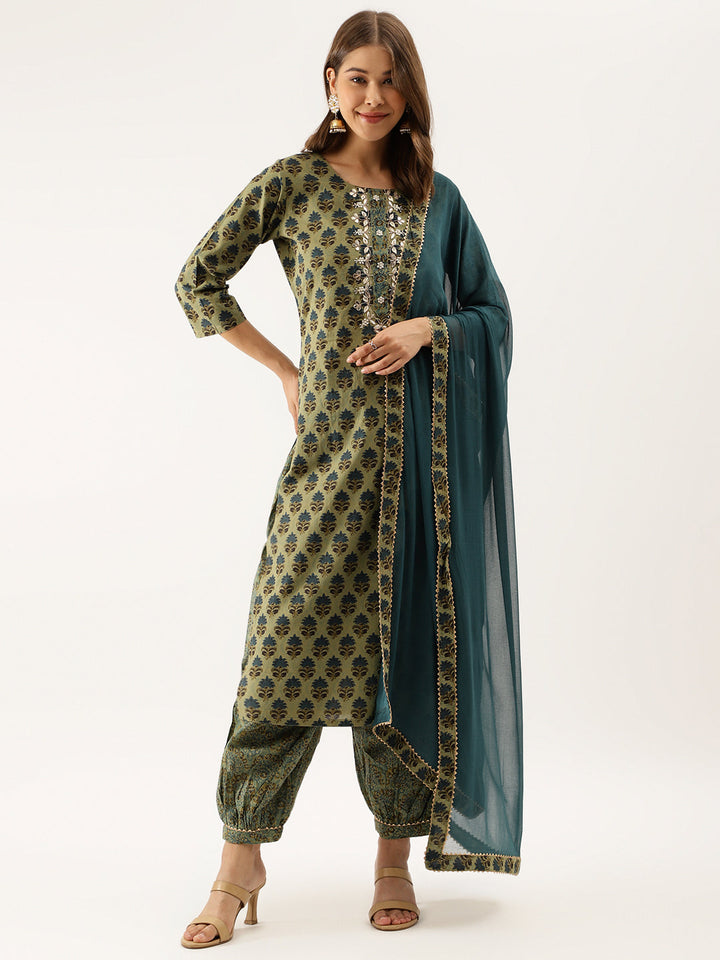 Green-Cotton-Floral-Print-Embroidered-3-Piece-Kurta-Set