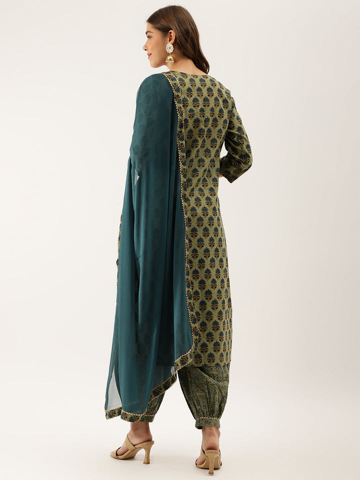 Green-Cotton-Floral-Print-Embroidered-3-Piece-Kurta-Set